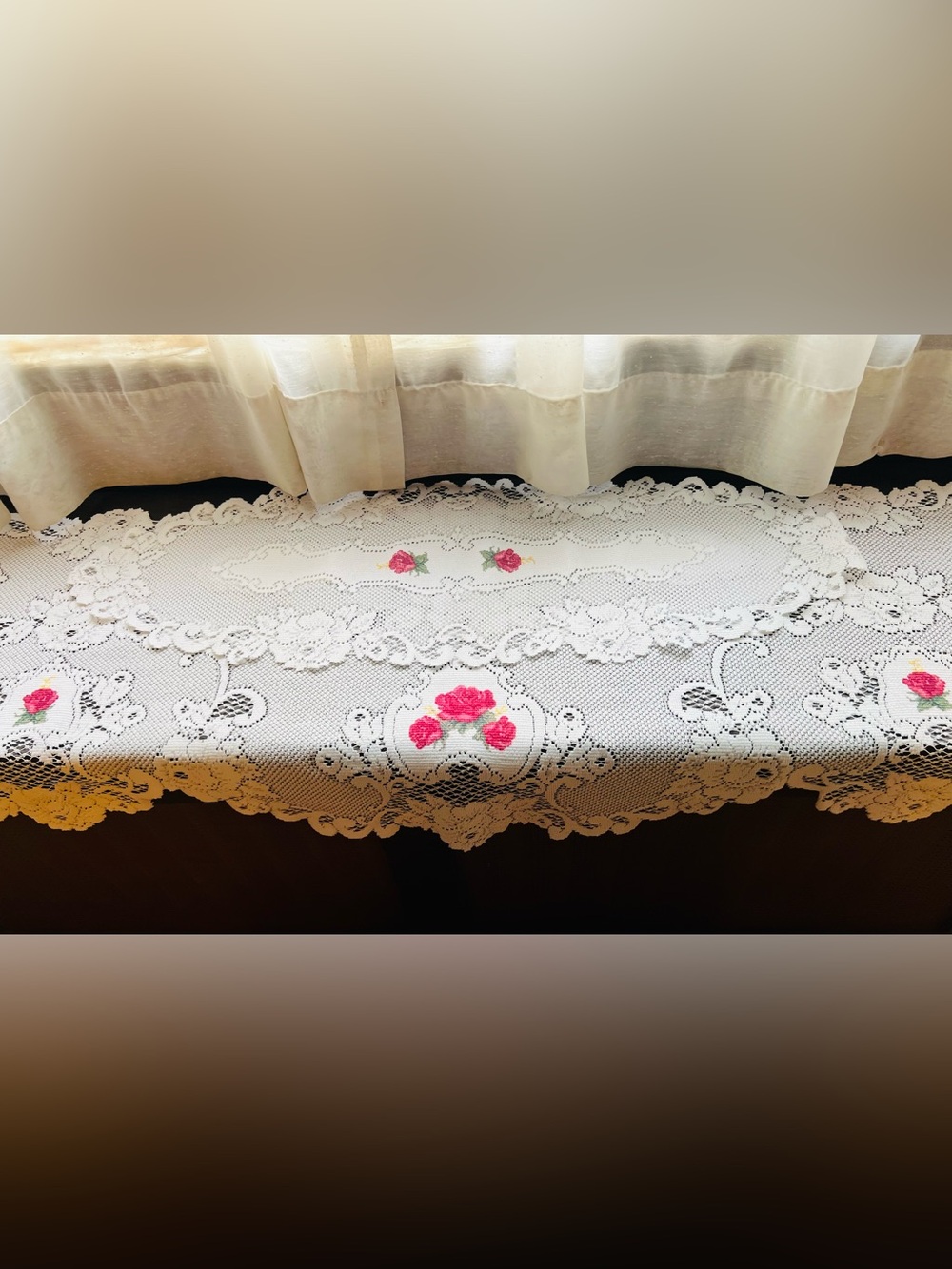 Heritage Lace Vintage Rose Mantle Scarf with matching centerpiece doily